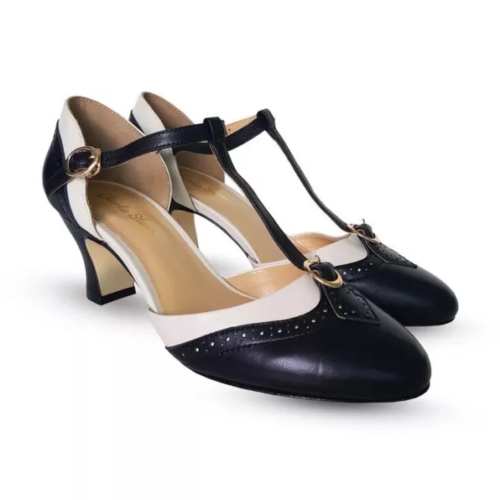 Brand New In Box Charlie Stone Luxe Parisienne Black Ivory Pumps Heels 38 7.5/8